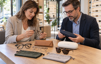 Profesionales revisando muestras de gafas, fundas y estuches personalizados en una óptica Profesionales revisando muestras de gafas, fundas y estuches personalizados en una óptica